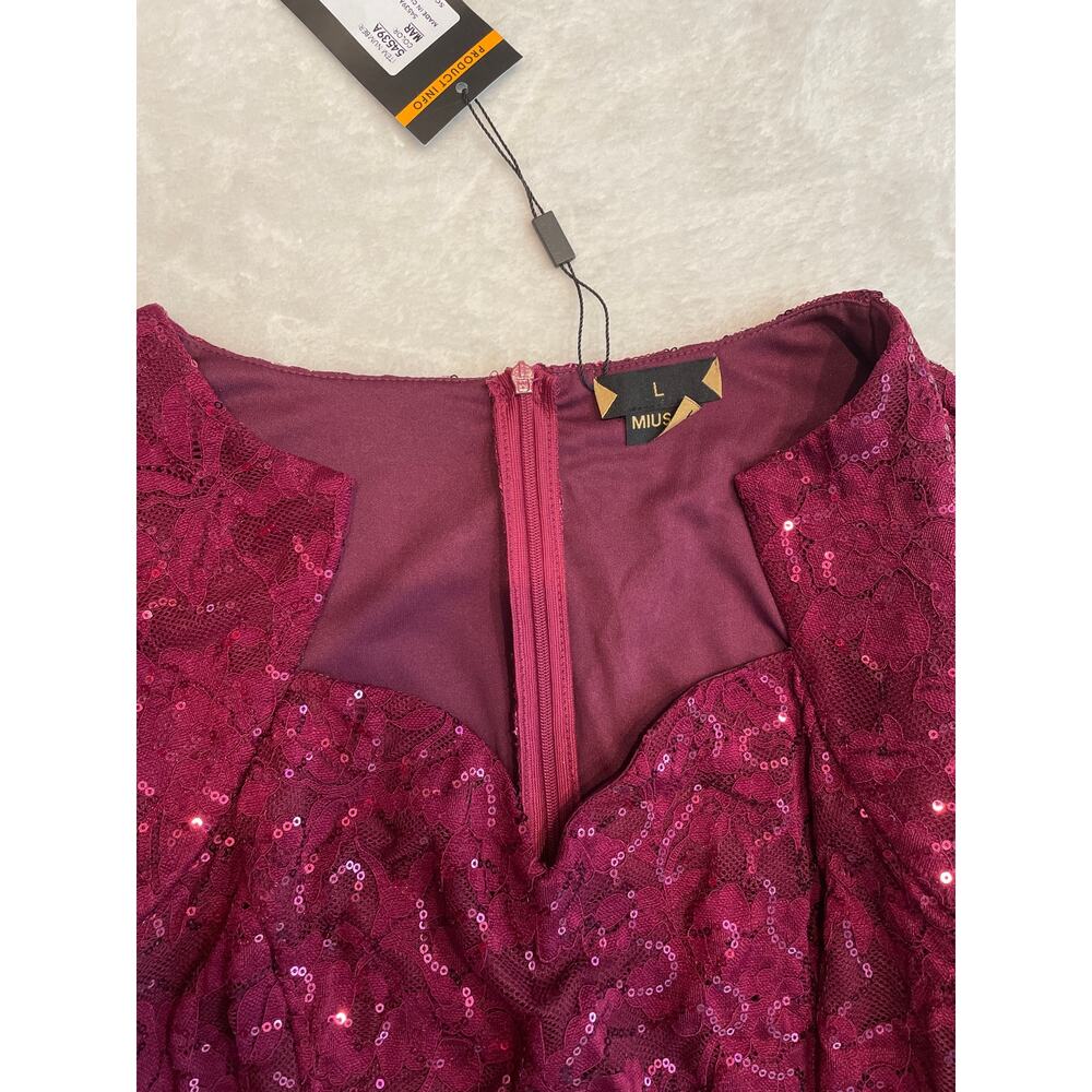 NWT MIUSOL Sequin Party Cocktail Midi Dress L Sweetheart Neck Cap Sleeve Maroon - Picture 7 of 13